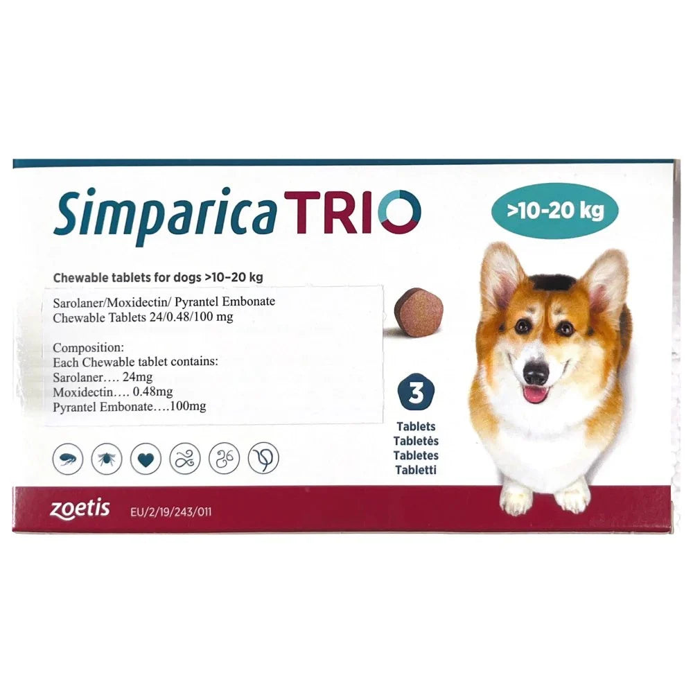 Simparica Trio Chewable Tablets for Medium Sized Dogs weighing 10.0kg to 20.0kg (3 tablets) Expiry 2024