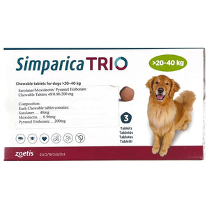 Simparica Trio Chewable Tablets for Large Sized Dogs weighing 20.0kg to 40.0kg (3 tablets)