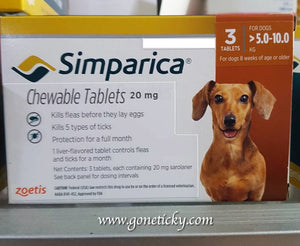 Simparica for Medium Sized Dogs weighing 5.0kg to 10.0kg (3 tablets)